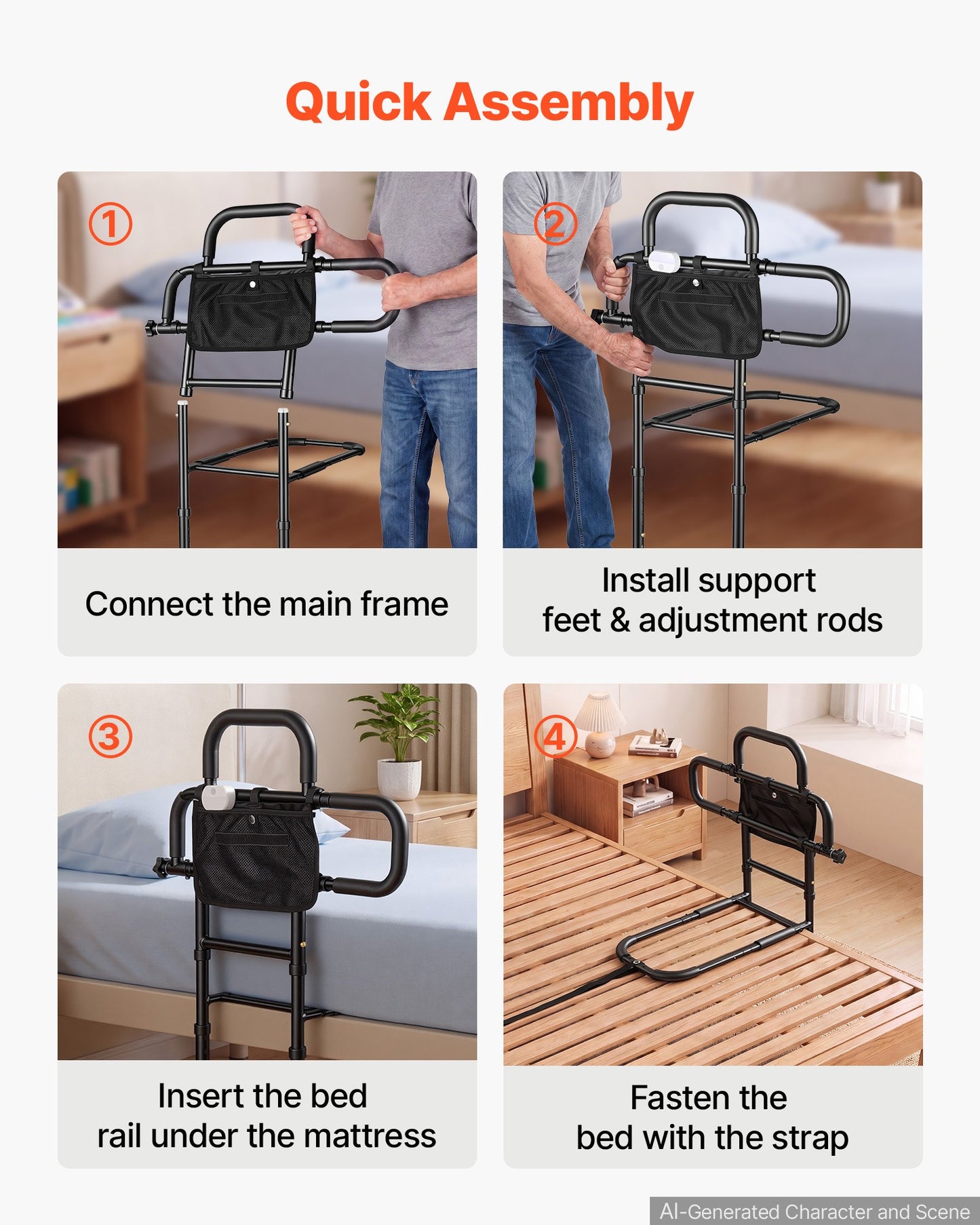 Bed Rails for Elderly Adults Bed Side Assist Rail with Floor Support, Motion Sensor LED Light, 136kg Dual-Handle Support, Adjustable Handle Length, Storage Pocket, Fits King Queen Full Twin Bed
