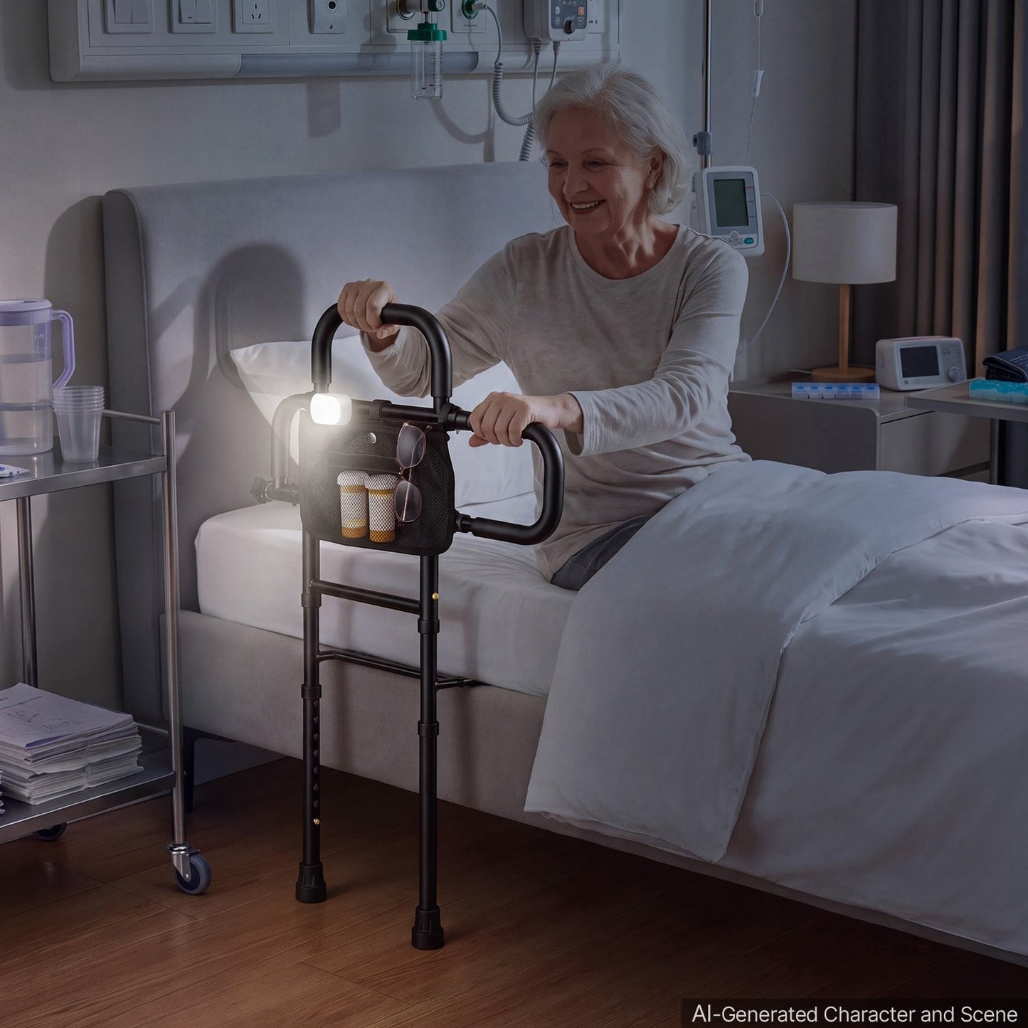 Bed Rails for Elderly Adults Bed Side Assist Rail with Floor Support, Motion Sensor LED Light, 136kg Dual-Handle Support, Adjustable Handle Length, Storage Pocket, Fits King Queen Full Twin Bed
