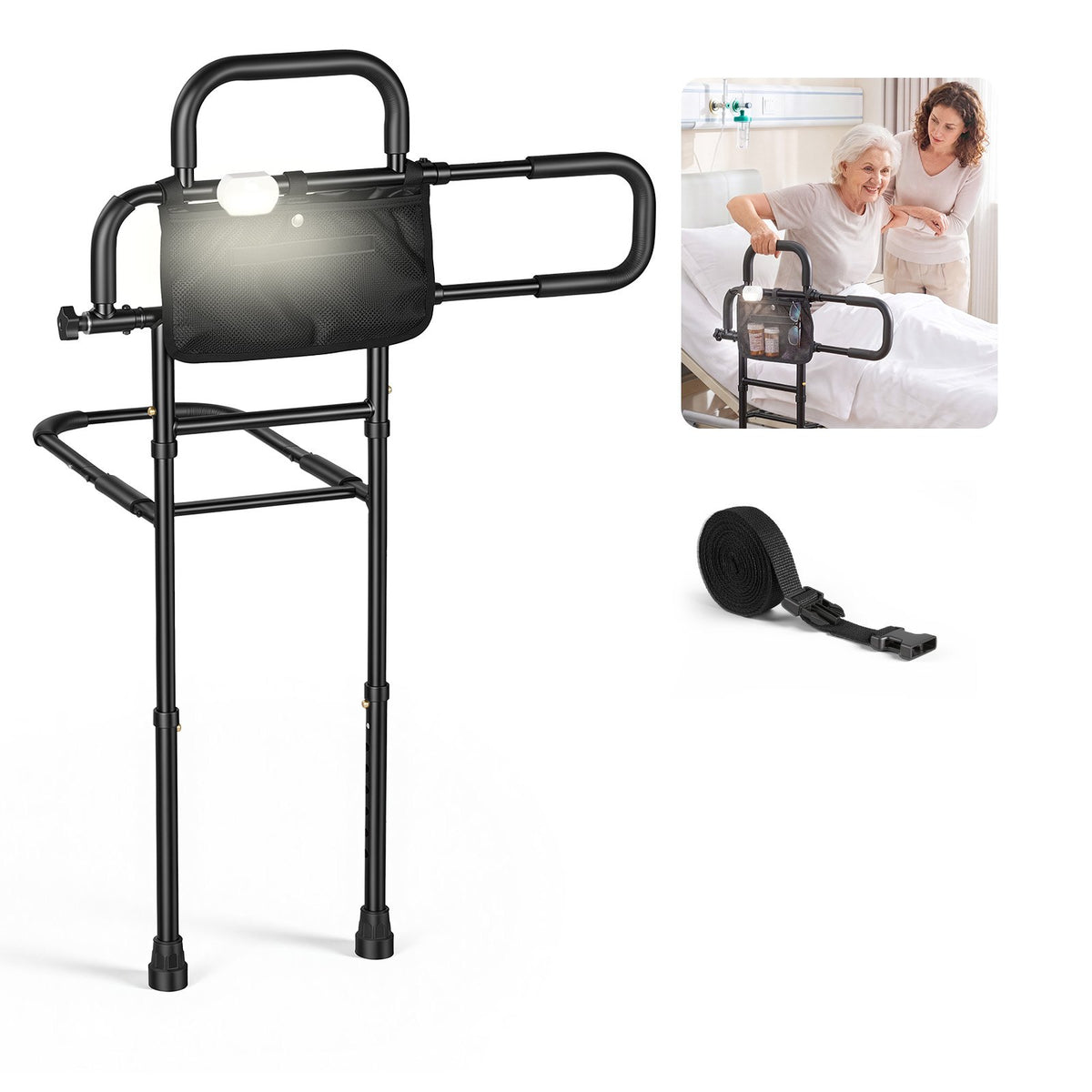Bed Rails for Elderly Adults Bed Side Assist Rail with Floor Support, Motion Sensor LED Light, 136kg Dual-Handle Support, Adjustable Handle Length, Storage Pocket, Fits King Queen Full Twin Bed