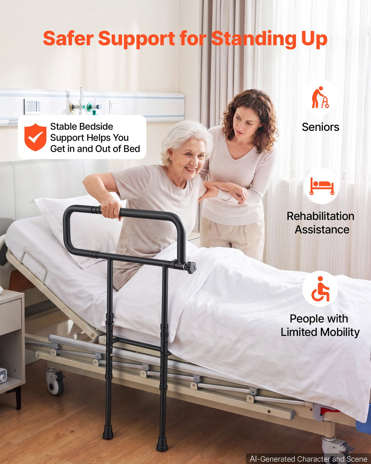 Bed Rails for Elderly Adults Folding Bed Side Rail with Floor Support, Length & Height Adjustable, High-Strength Steel Bedside Assist Cane, Fits King Queen Full Twin Bed, 136kg Strong Capacity