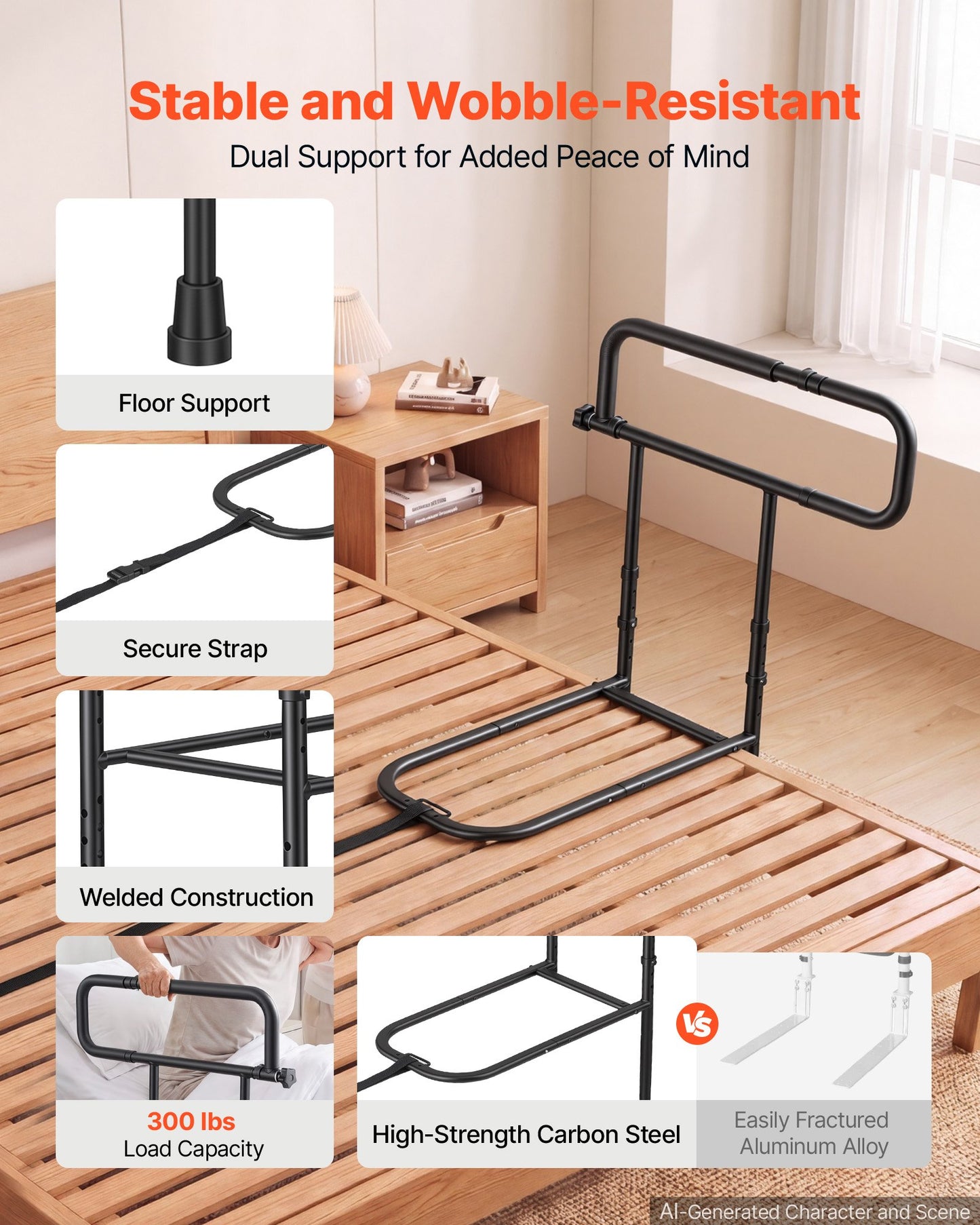 Bed Rails for Elderly Adults Folding Bed Side Rail with Floor Support, Length & Height Adjustable, High-Strength Steel Bedside Assist Cane, Fits King Queen Full Twin Bed, 136kg Strong Capacity