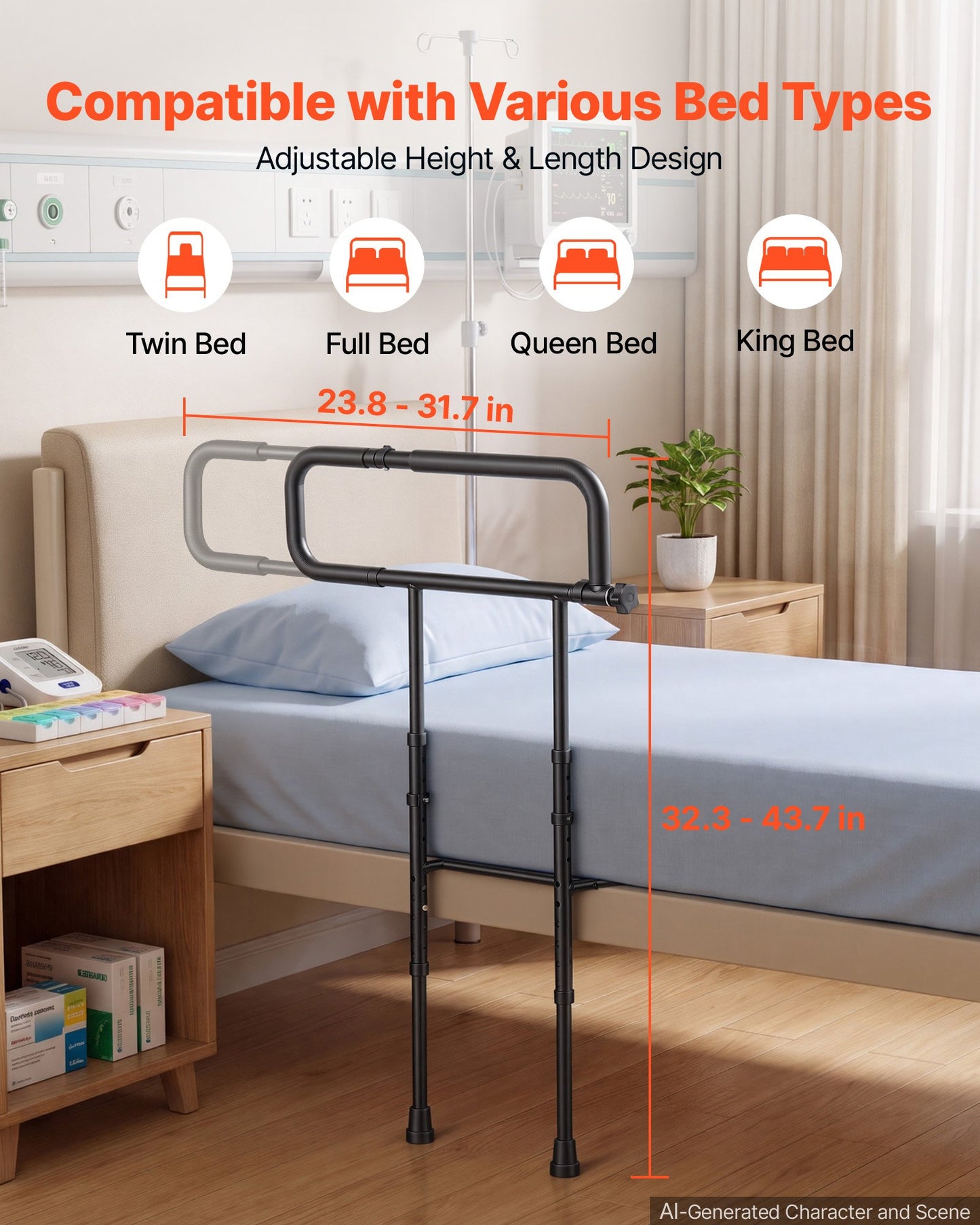 Bed Rails for Elderly Adults Folding Bed Side Rail with Floor Support, Length & Height Adjustable, High-Strength Steel Bedside Assist Cane, Fits King Queen Full Twin Bed, 136kg Strong Capacity