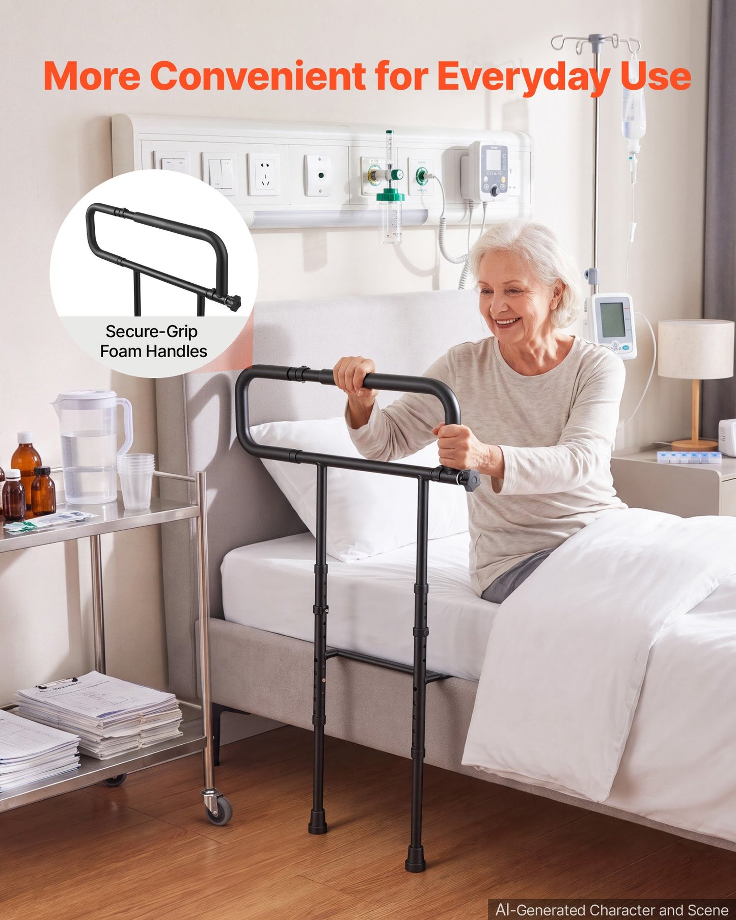 Bed Rails for Elderly Adults Folding Bed Side Rail with Floor Support, Length & Height Adjustable, High-Strength Steel Bedside Assist Cane, Fits King Queen Full Twin Bed, 136kg Strong Capacity