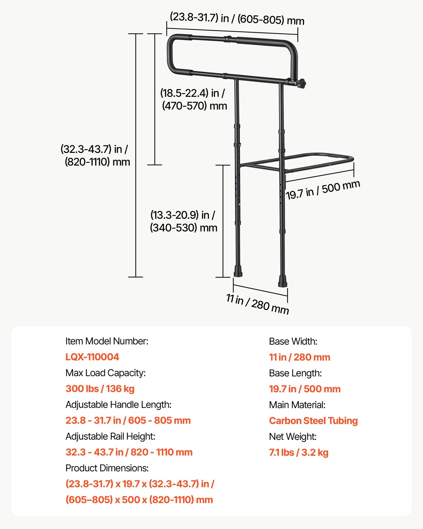 Bed Rails for Elderly Adults Folding Bed Side Rail with Floor Support, Length & Height Adjustable, High-Strength Steel Bedside Assist Cane, Fits King Queen Full Twin Bed, 136kg Strong Capacity