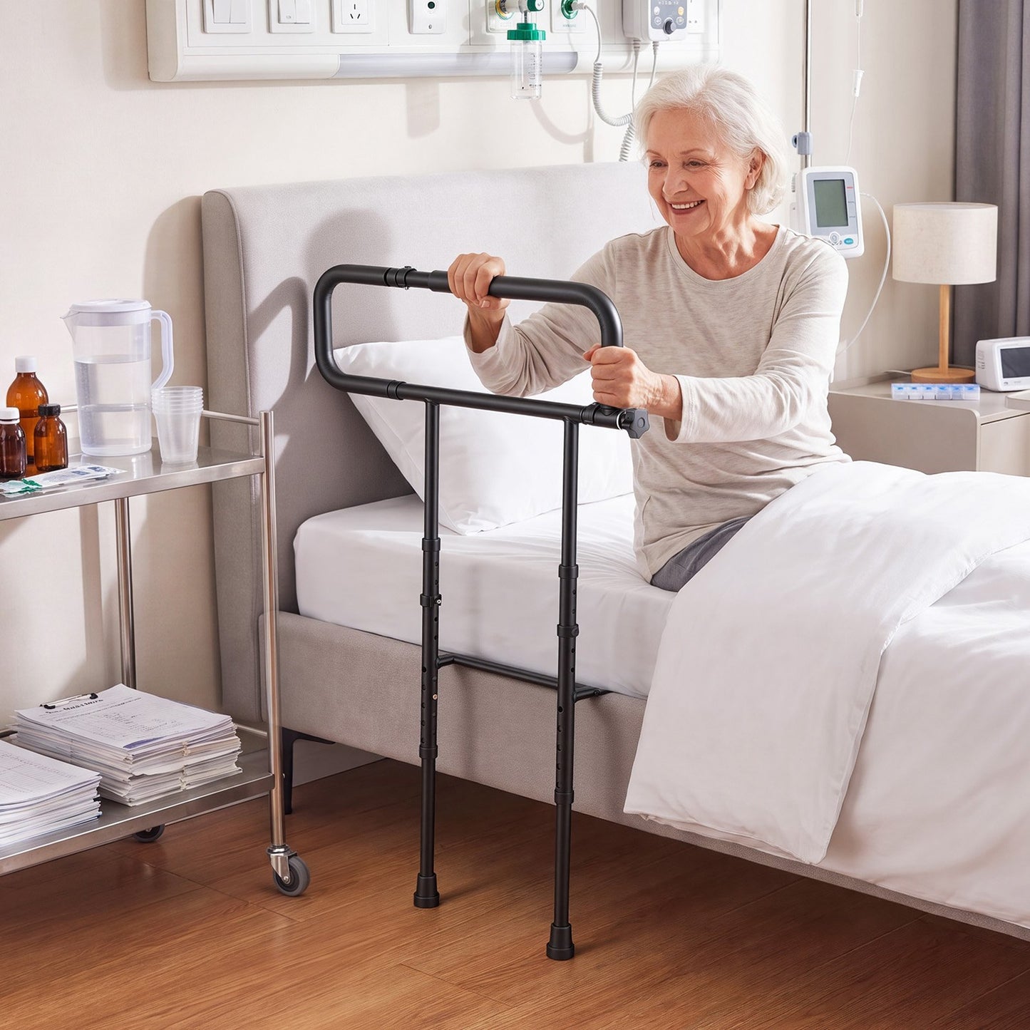 Bed Rails for Elderly Adults Folding Bed Side Rail with Floor Support, Length & Height Adjustable, High-Strength Steel Bedside Assist Cane, Fits King Queen Full Twin Bed, 136kg Strong Capacity