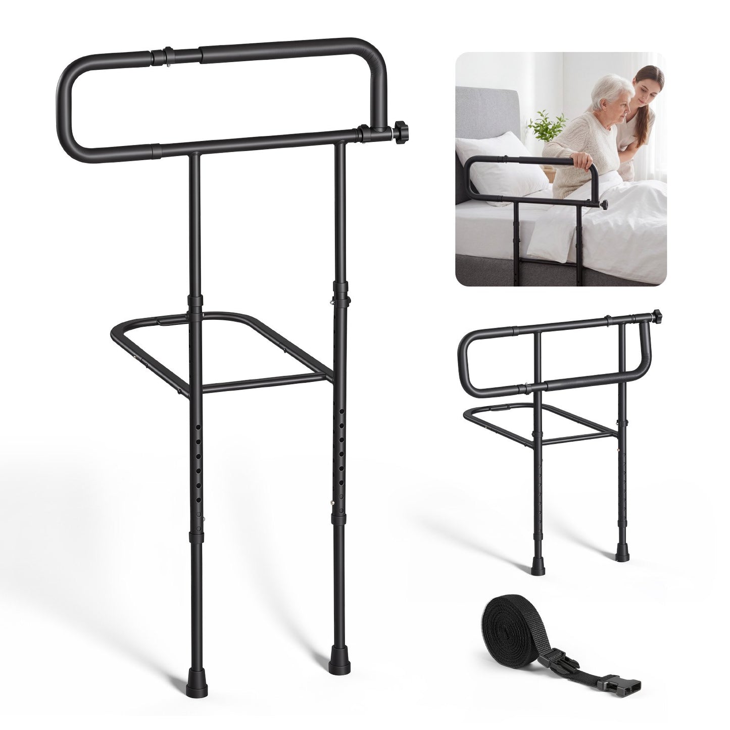 Bed Rails for Elderly Adults Folding Bed Side Rail with Floor Support, Length & Height Adjustable, High-Strength Steel Bedside Assist Cane, Fits King Queen Full Twin Bed, 136kg Strong Capacity