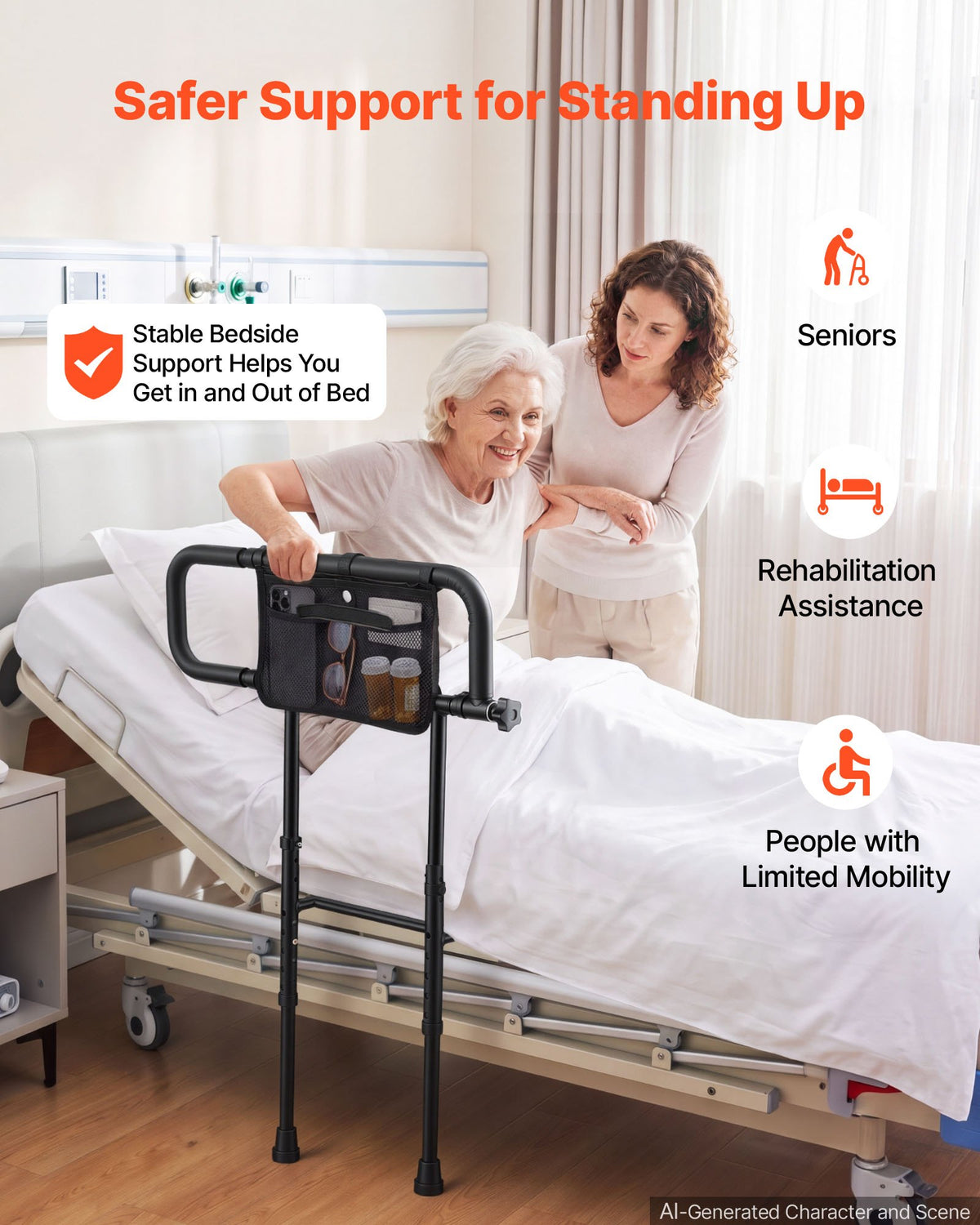 Bed Rails for Elderly Adults Folding Bed Side Rail with Floor Support, Length & Height Adjustable, 136kg Strong Capacity, Bedside Assist Cane with Storage Pocket, Fits King Queen Full Twin Bed