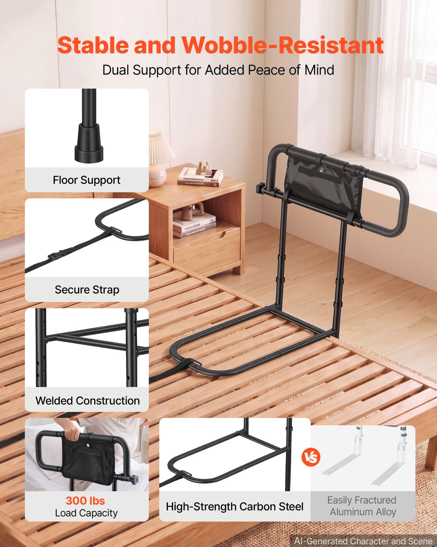 Bed Rails for Elderly Adults Folding Bed Side Rail with Floor Support, Length & Height Adjustable, 136kg Strong Capacity, Bedside Assist Cane with Storage Pocket, Fits King Queen Full Twin Bed