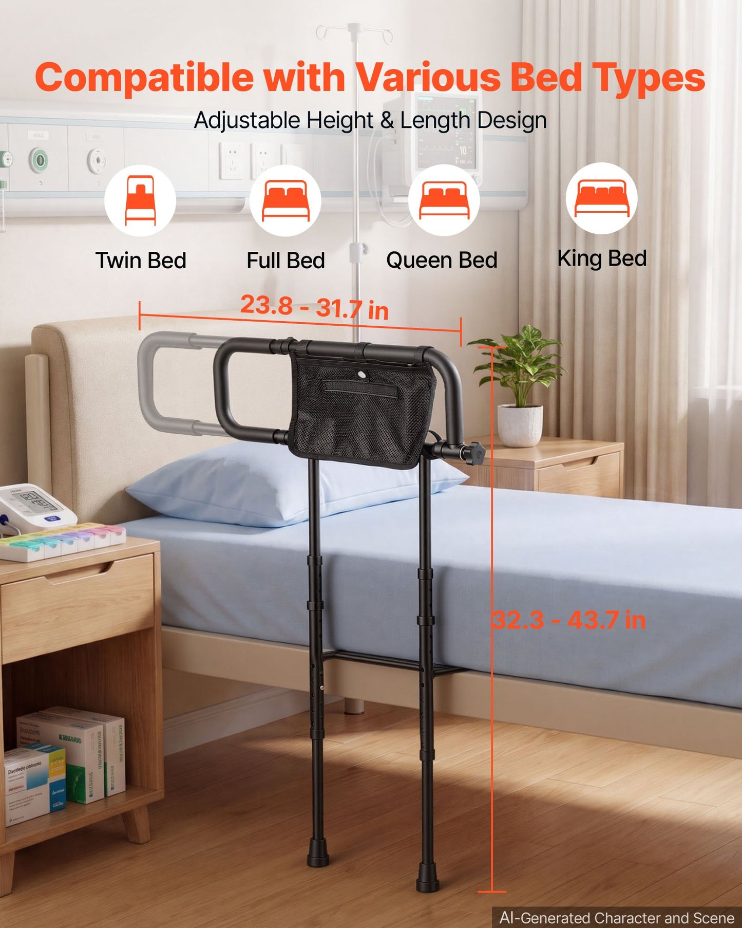 Bed Rails for Elderly Adults Folding Bed Side Rail with Floor Support, Length & Height Adjustable, 136kg Strong Capacity, Bedside Assist Cane with Storage Pocket, Fits King Queen Full Twin Bed