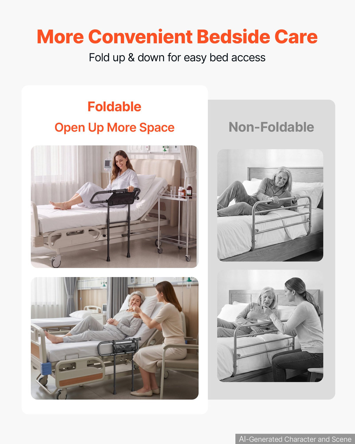 Bed Rails for Elderly Adults Folding Bed Side Rail with Floor Support, Length & Height Adjustable, 136kg Strong Capacity, Bedside Assist Cane with Storage Pocket, Fits King Queen Full Twin Bed