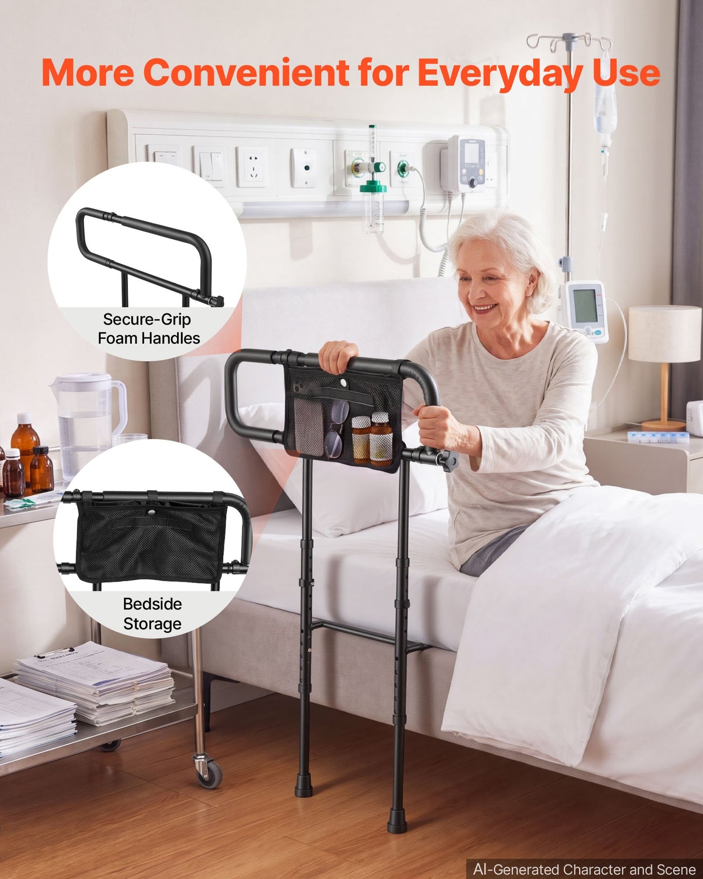 Bed Rails for Elderly Adults Folding Bed Side Rail with Floor Support, Length & Height Adjustable, 136kg Strong Capacity, Bedside Assist Cane with Storage Pocket, Fits King Queen Full Twin Bed