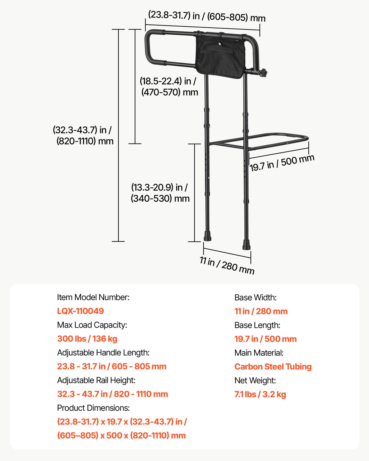 Bed Rails for Elderly Adults Folding Bed Side Rail with Floor Support, Length & Height Adjustable, 136kg Strong Capacity, Bedside Assist Cane with Storage Pocket, Fits King Queen Full Twin Bed