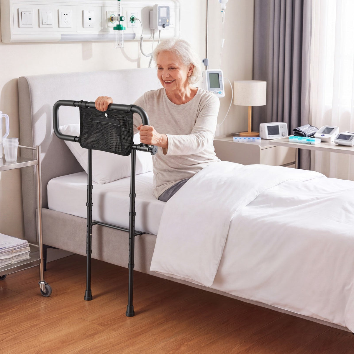 Bed Rails for Elderly Adults Folding Bed Side Rail with Floor Support, Length & Height Adjustable, 136kg Strong Capacity, Bedside Assist Cane with Storage Pocket, Fits King Queen Full Twin Bed