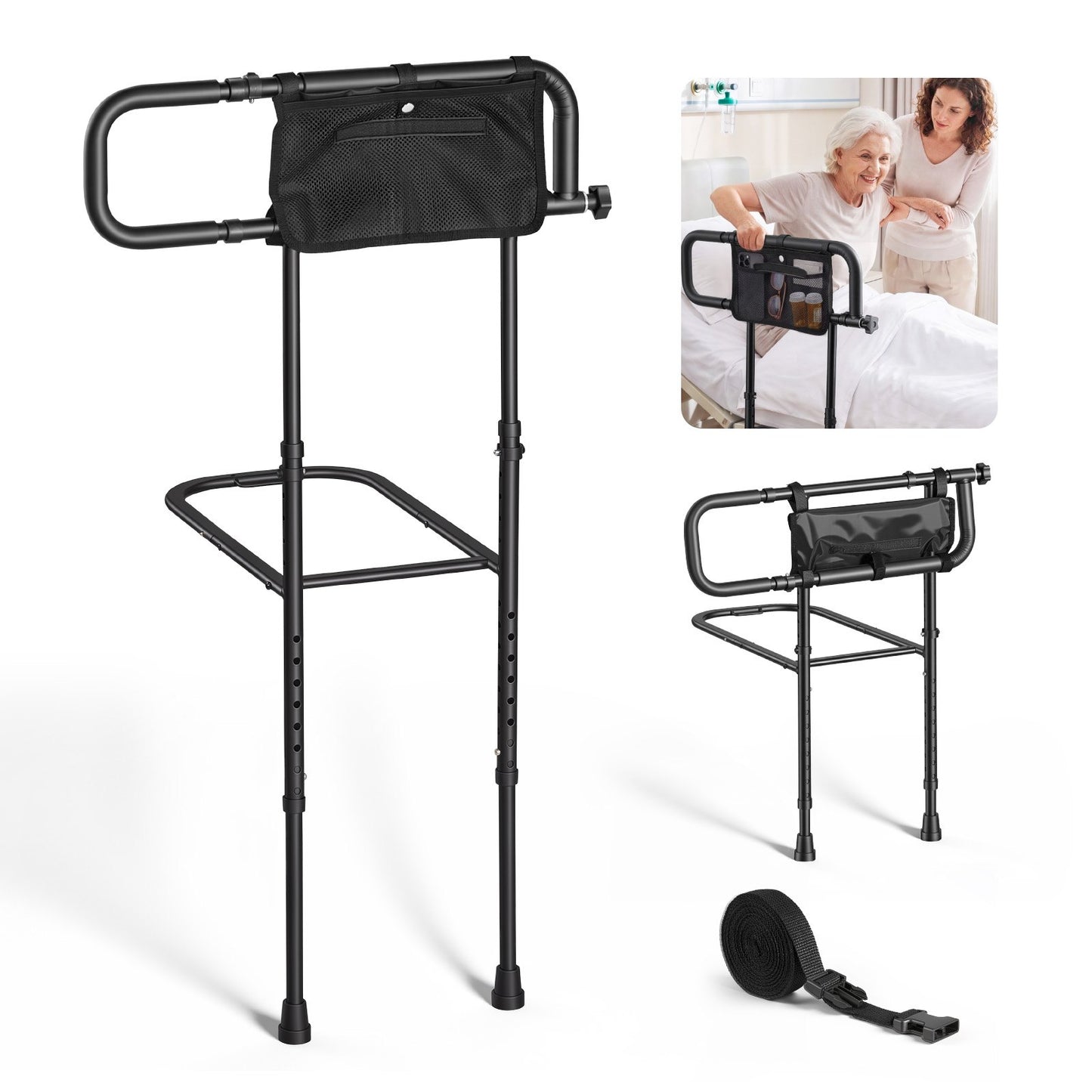 Bed Rails for Elderly Adults Folding Bed Side Rail with Floor Support, Length & Height Adjustable, 136kg Strong Capacity, Bedside Assist Cane with Storage Pocket, Fits King Queen Full Twin Bed