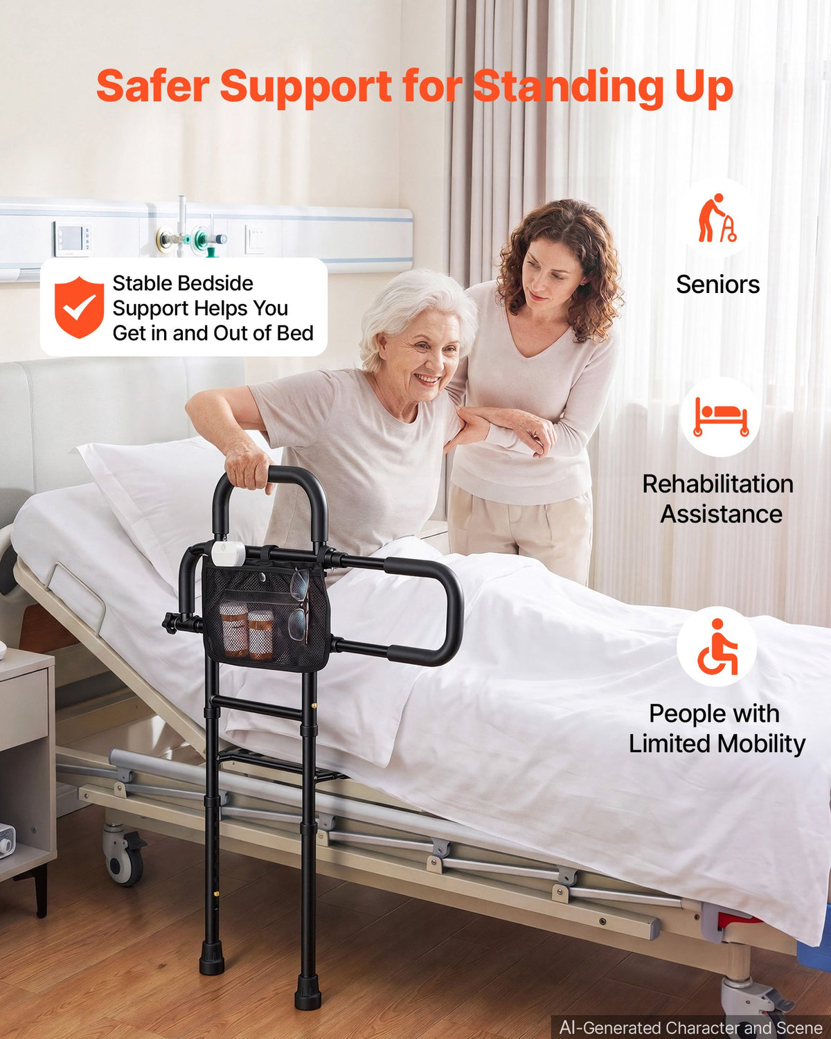 Bed Rail for Elderly Adult Folding Bed Assist Rail with Floor Support, Motion Sensor LED Light, 136kg Dual-Handle Support, Adjustable Handle Length, Storage Pocket, Fit King Queen Full Twin Bed