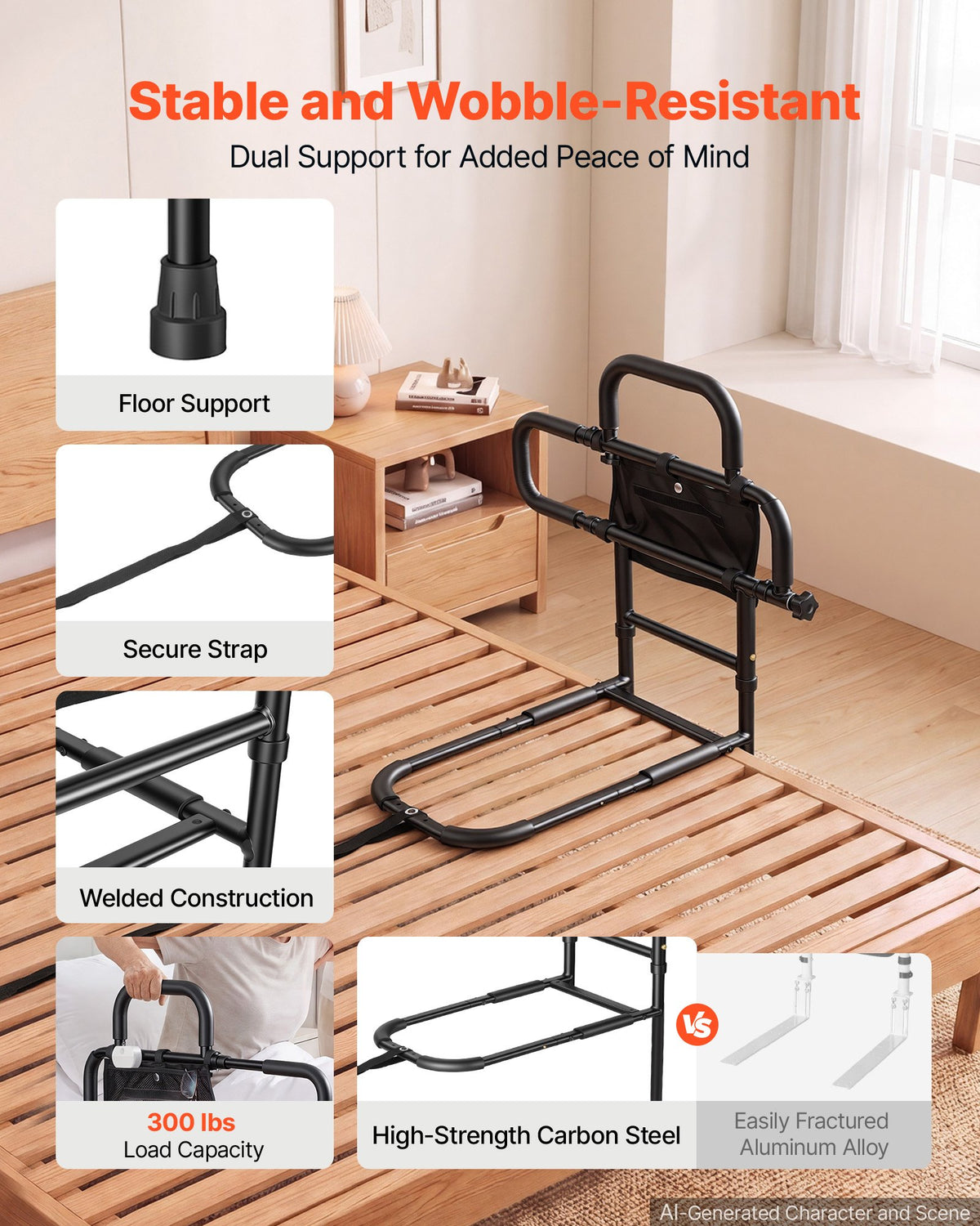 Bed Rail for Elderly Adult Folding Bed Assist Rail with Floor Support, Motion Sensor LED Light, 136kg Dual-Handle Support, Adjustable Handle Length, Storage Pocket, Fit King Queen Full Twin Bed