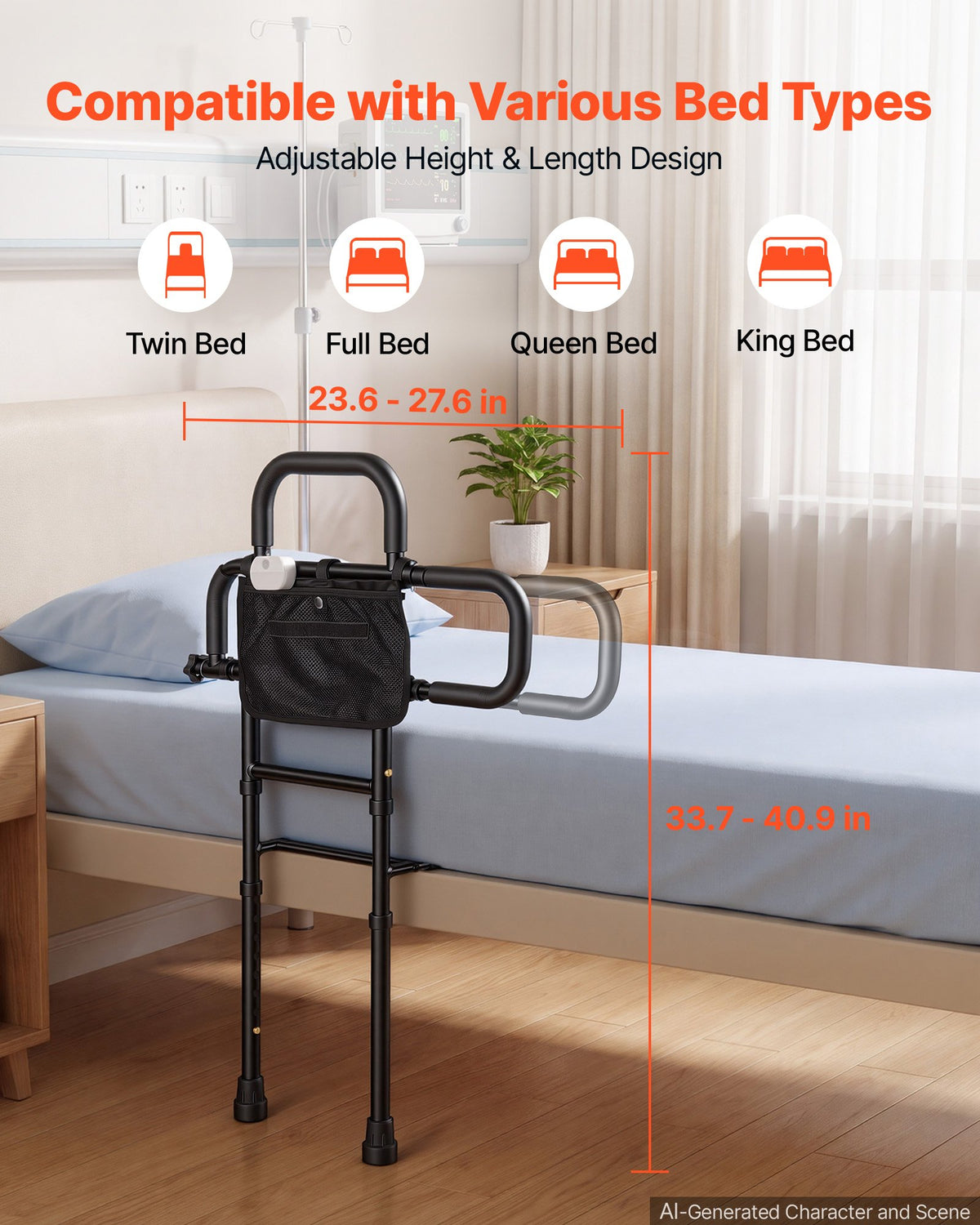 Bed Rail for Elderly Adult Folding Bed Assist Rail with Floor Support, Motion Sensor LED Light, 136kg Dual-Handle Support, Adjustable Handle Length, Storage Pocket, Fit King Queen Full Twin Bed