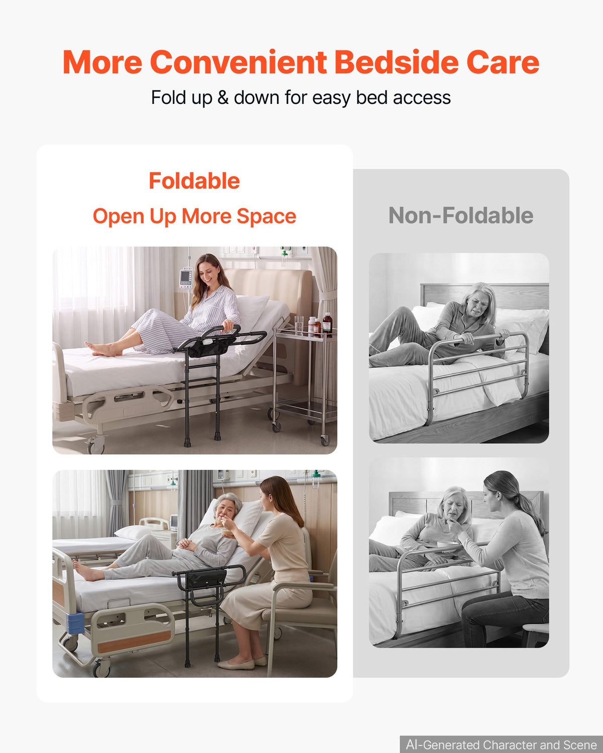 Bed Rail for Elderly Adult Folding Bed Assist Rail with Floor Support, Motion Sensor LED Light, 136kg Dual-Handle Support, Adjustable Handle Length, Storage Pocket, Fit King Queen Full Twin Bed