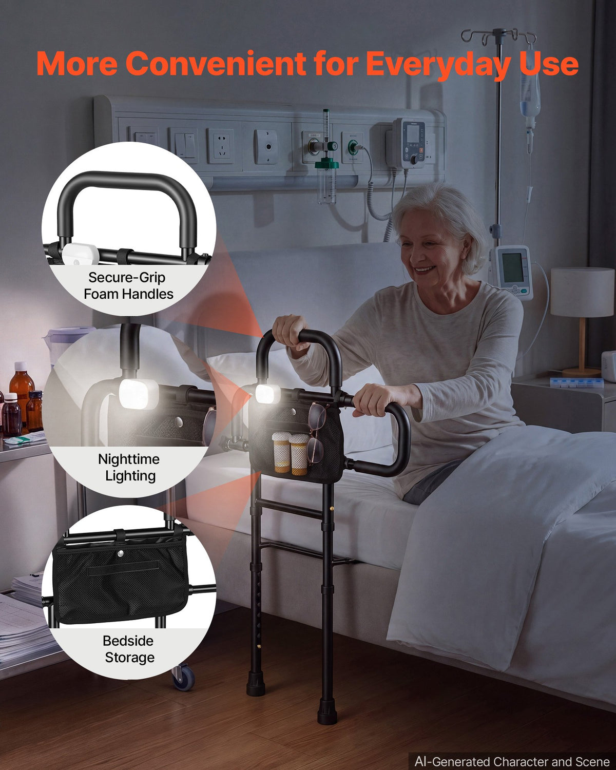Bed Rail for Elderly Adult Folding Bed Assist Rail with Floor Support, Motion Sensor LED Light, 136kg Dual-Handle Support, Adjustable Handle Length, Storage Pocket, Fit King Queen Full Twin Bed