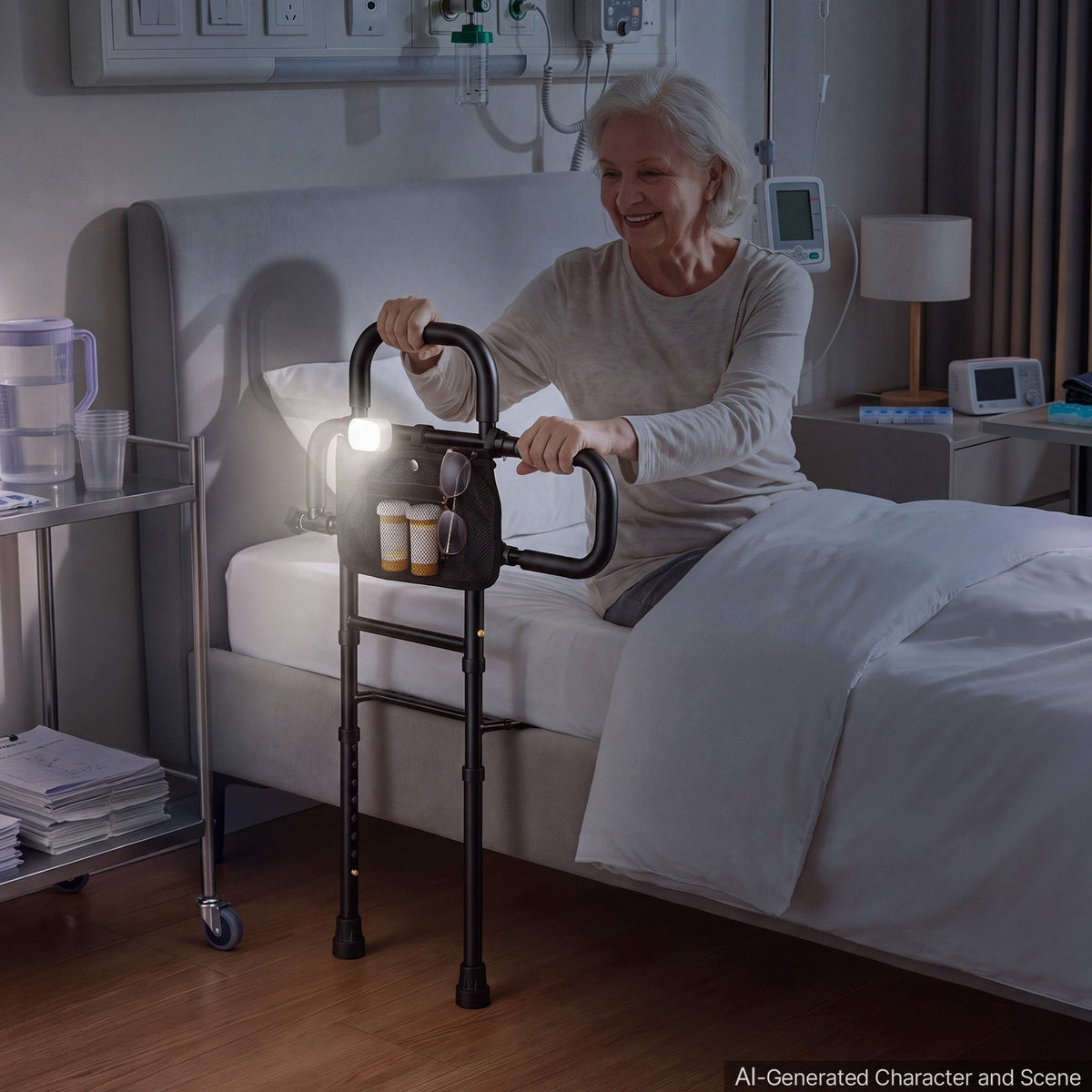 Bed Rail for Elderly Adult Folding Bed Assist Rail with Floor Support, Motion Sensor LED Light, 136kg Dual-Handle Support, Adjustable Handle Length, Storage Pocket, Fit King Queen Full Twin Bed