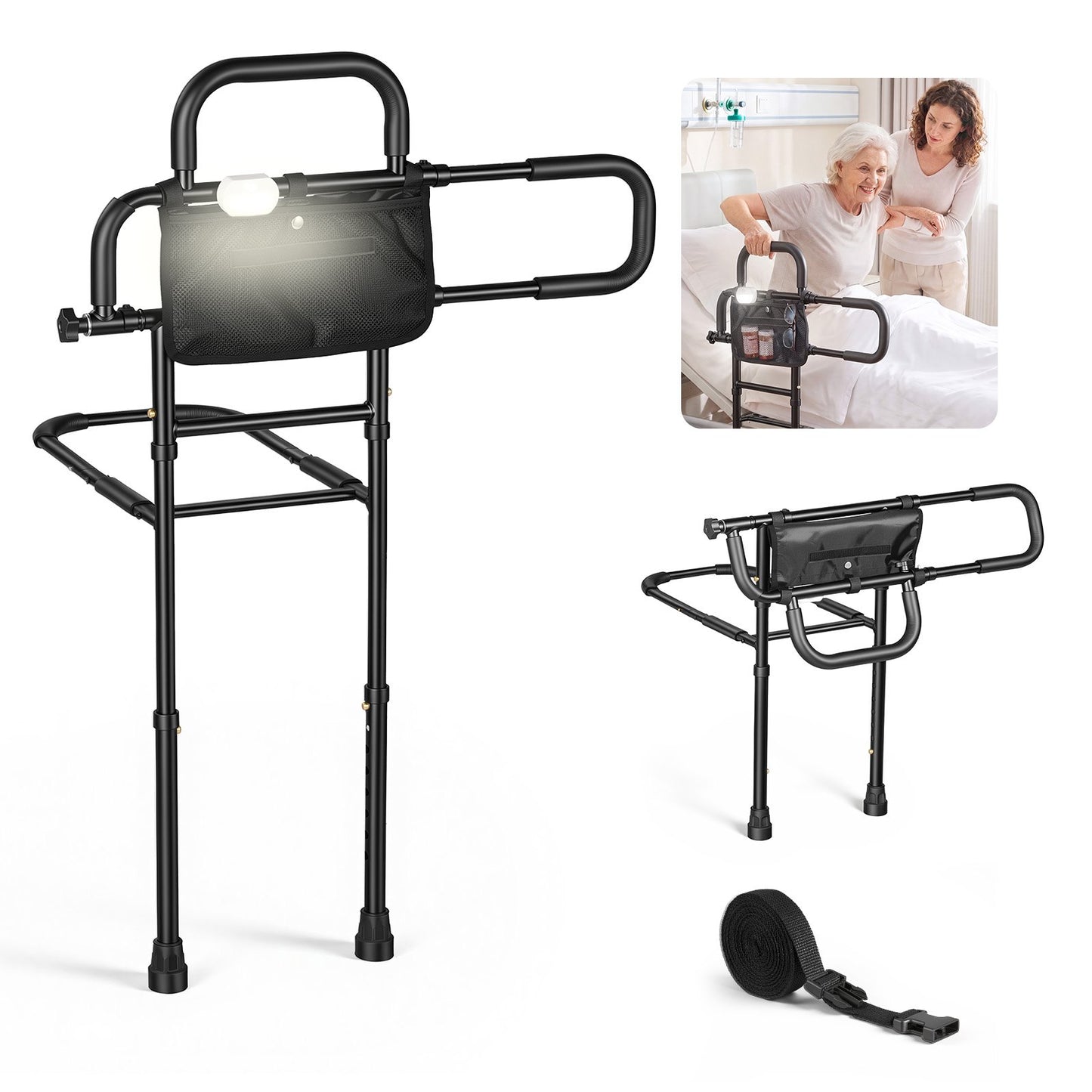 Bed Rail for Elderly Adult Folding Bed Assist Rail with Floor Support, Motion Sensor LED Light, 136kg Dual-Handle Support, Adjustable Handle Length, Storage Pocket, Fit King Queen Full Twin Bed