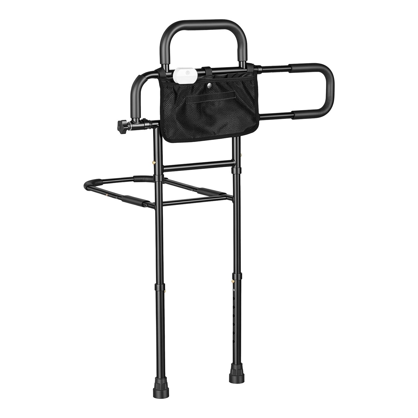Bed Rail for Elderly Adult Folding Bed Assist Rail with Floor Support, Motion Sensor LED Light, 136kg Dual-Handle Support, Adjustable Handle Length, Storage Pocket, Fit King Queen Full Twin Bed