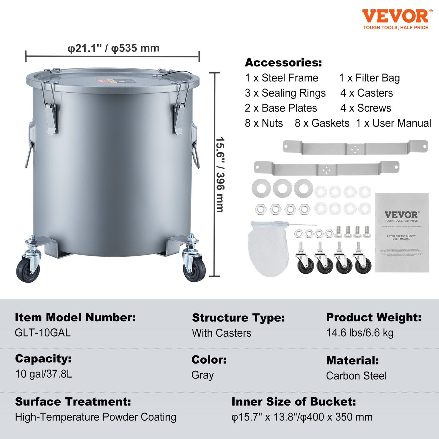 High-Capacity 37.8L Oil Disposal Caddy with Casters and Filter Bag, Gray