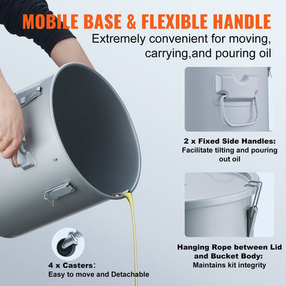 High-Capacity 60.5L Oil Disposal Caddy with Casters and Filter Bag, Gray