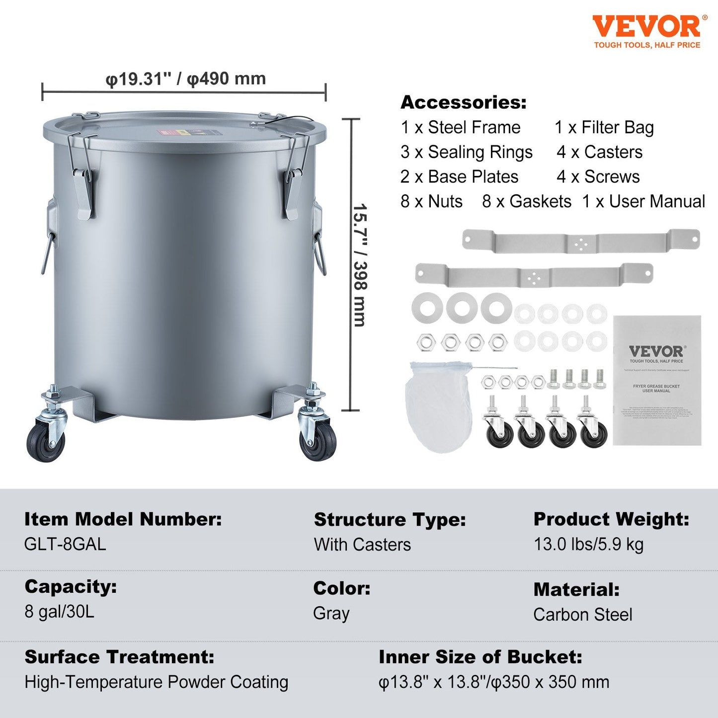 High-Capacity 30L Oil Disposal Caddy with Casters and Filter Bag, Gray
