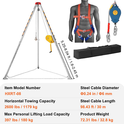 Confined Space Rescue Tripod Kit with 1179 kg Winch, 1.6-2.45 m Adjustable Legs