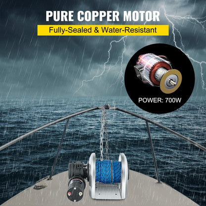 Electric Anchor Winch, 2500kg Load, 6mm x 60m Rope, 700W Motor, Full Kit