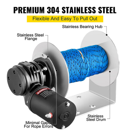 VEVOR Electric Anchor Winch Drum Winch TW200 2500kg Load 6mmX60M Rope Full Kit