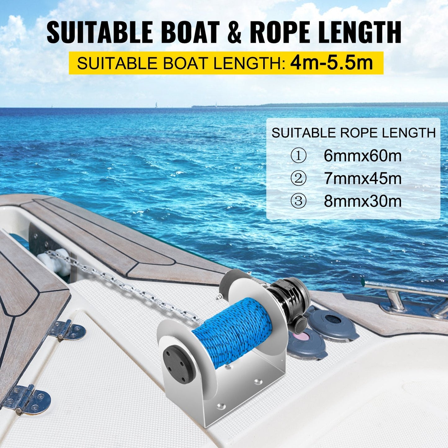 Electric Anchor Winch, 2500kg Load, 6mm x 60m Rope, 700W Motor, Full Kit
