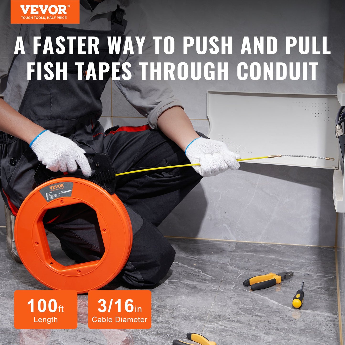 VEVOR Fish Tape, 100 ft, 3/16-inch, Fiberglass Wire Puller with Optimized Housing