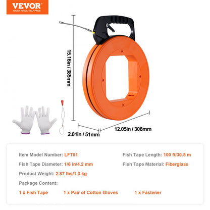 VEVOR Fish Tape Wire Cable Line Puller 30.5m 1.58mm Fiberglass High Plastic Case