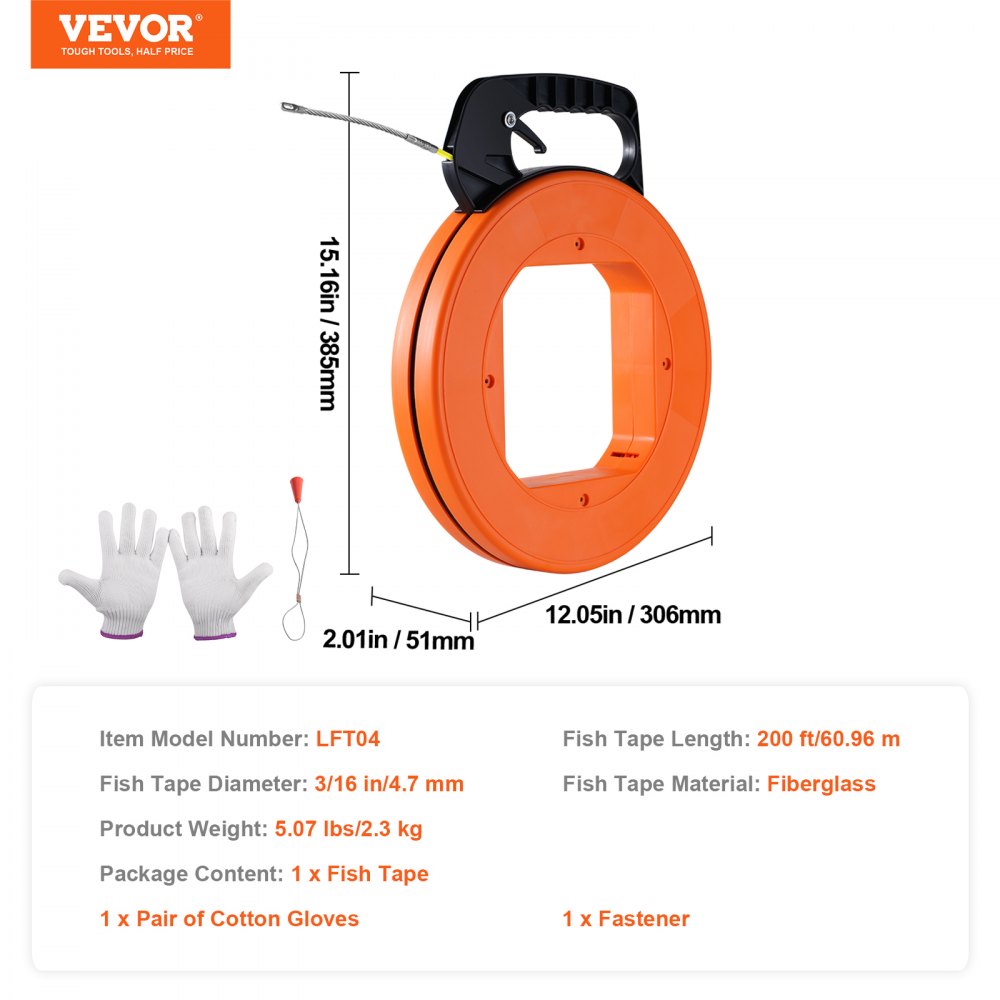 VEVOR Fish Tape Wire Cable Line Puller 60.96m 4.7mm Fiberglass High Plastic Case
