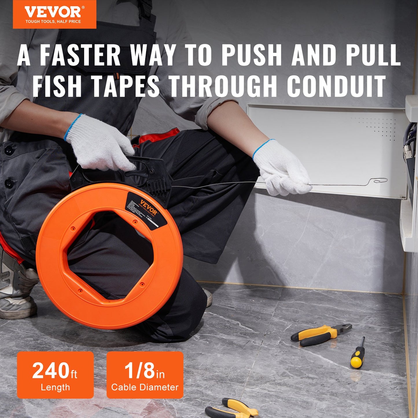 VEVOR Fish Tape, 73.2 m Length, 3 mm, Steel Wire Puller with Optimized Housing and