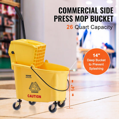 Commercial 25L Mop Bucket with Side Press Wringer for Floor Cleaning, Yellow