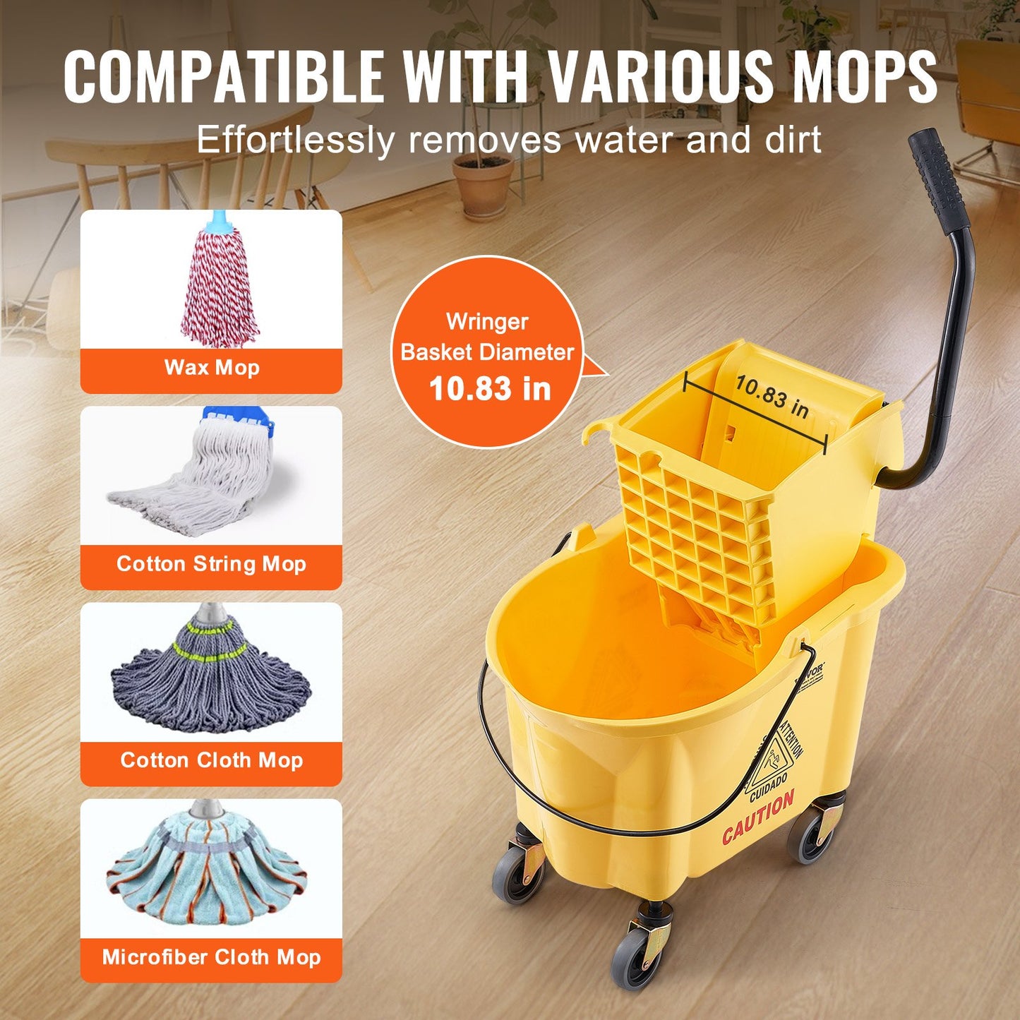VEVOR Mop Bucket with Wringer, 26 Qt. Commercial Mop Bucket with Side Press Wringer,