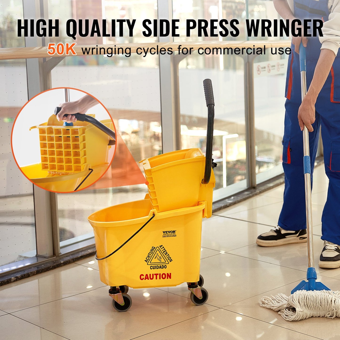 VEVOR Mop Bucket with Wringer, 26 Qt. Commercial Mop Bucket with Side Press Wringer,