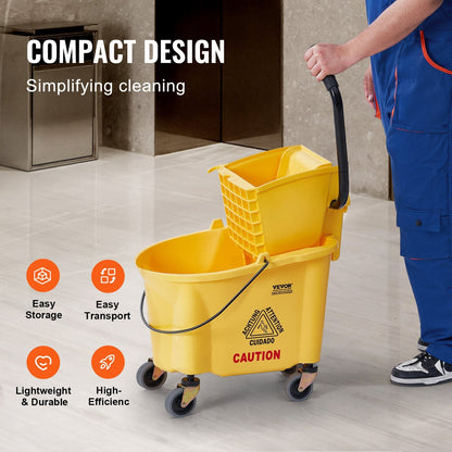 Commercial 25L Mop Bucket with Side Press Wringer for Floor Cleaning, Yellow