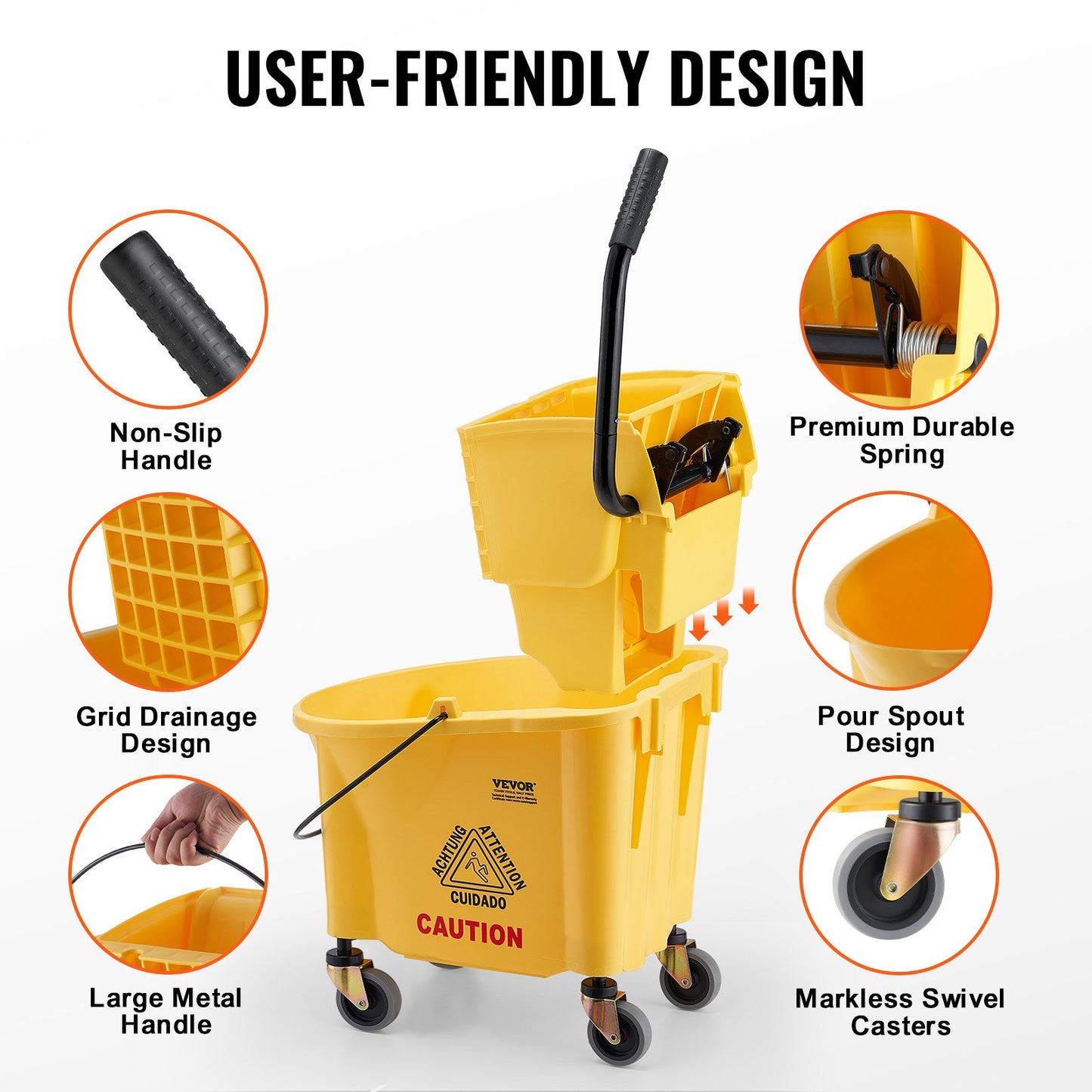 VEVOR Mop Bucket with Wringer, 26 Qt. Commercial Mop Bucket with Side Press Wringer,