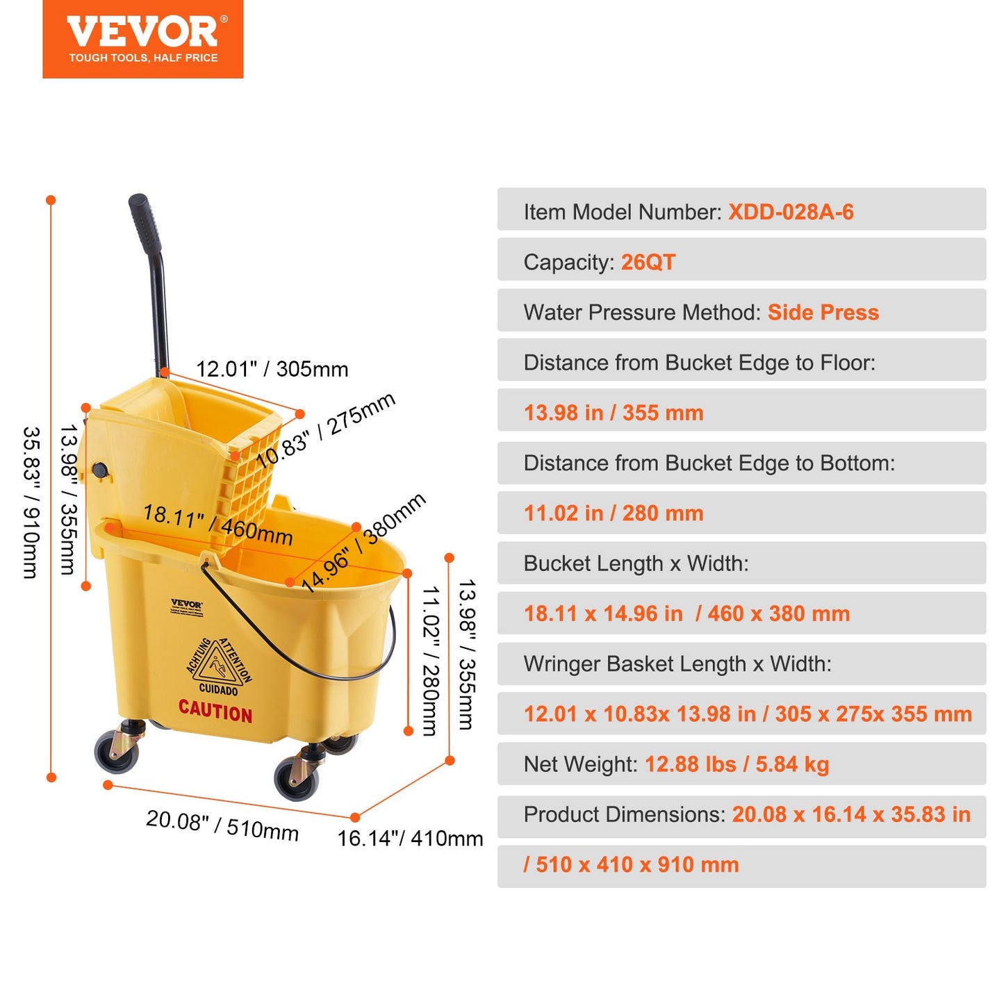 VEVOR Mop Bucket with Wringer, 26 Qt. Commercial Mop Bucket with Side Press Wringer,