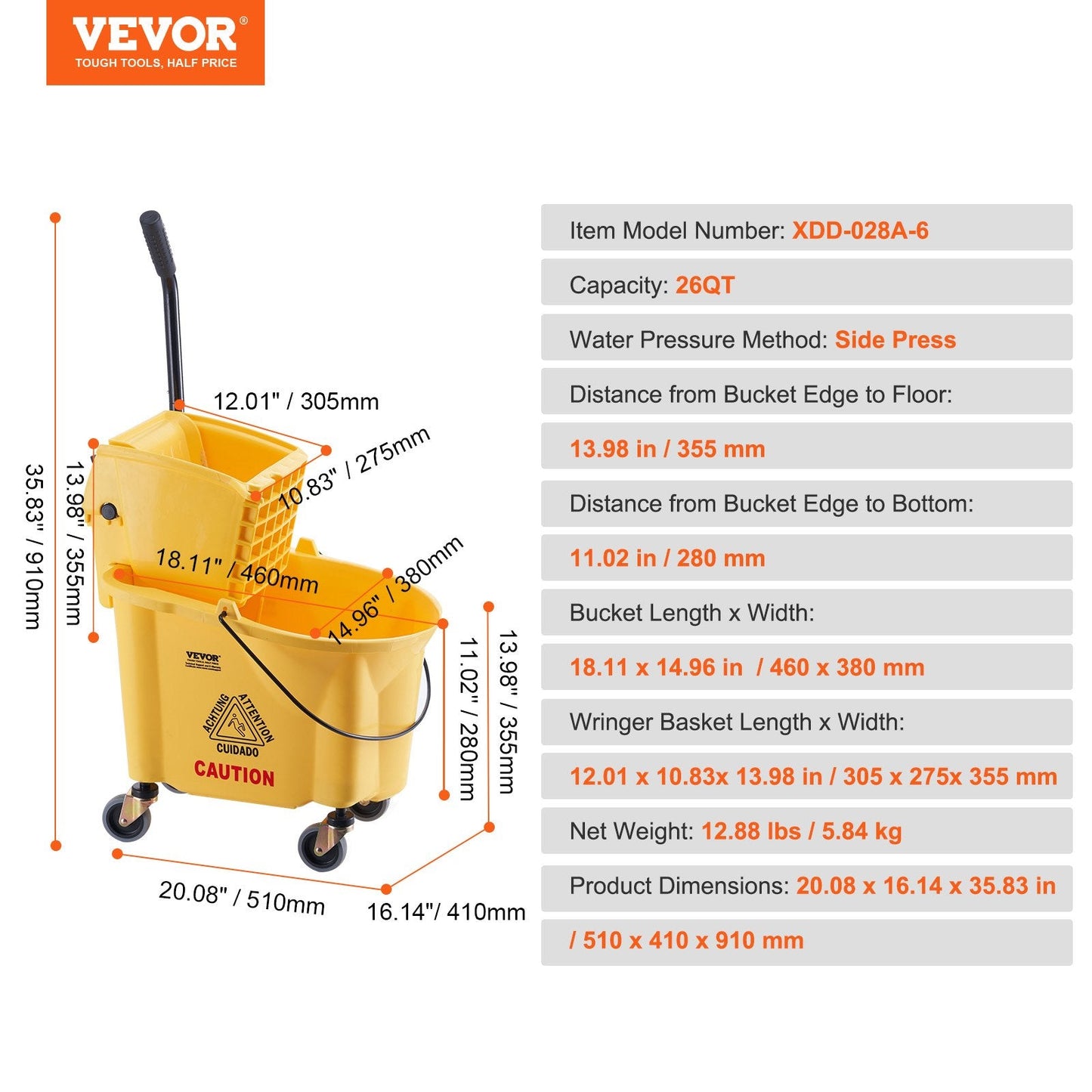 Commercial 25L Mop Bucket with Side Press Wringer for Floor Cleaning, Yellow