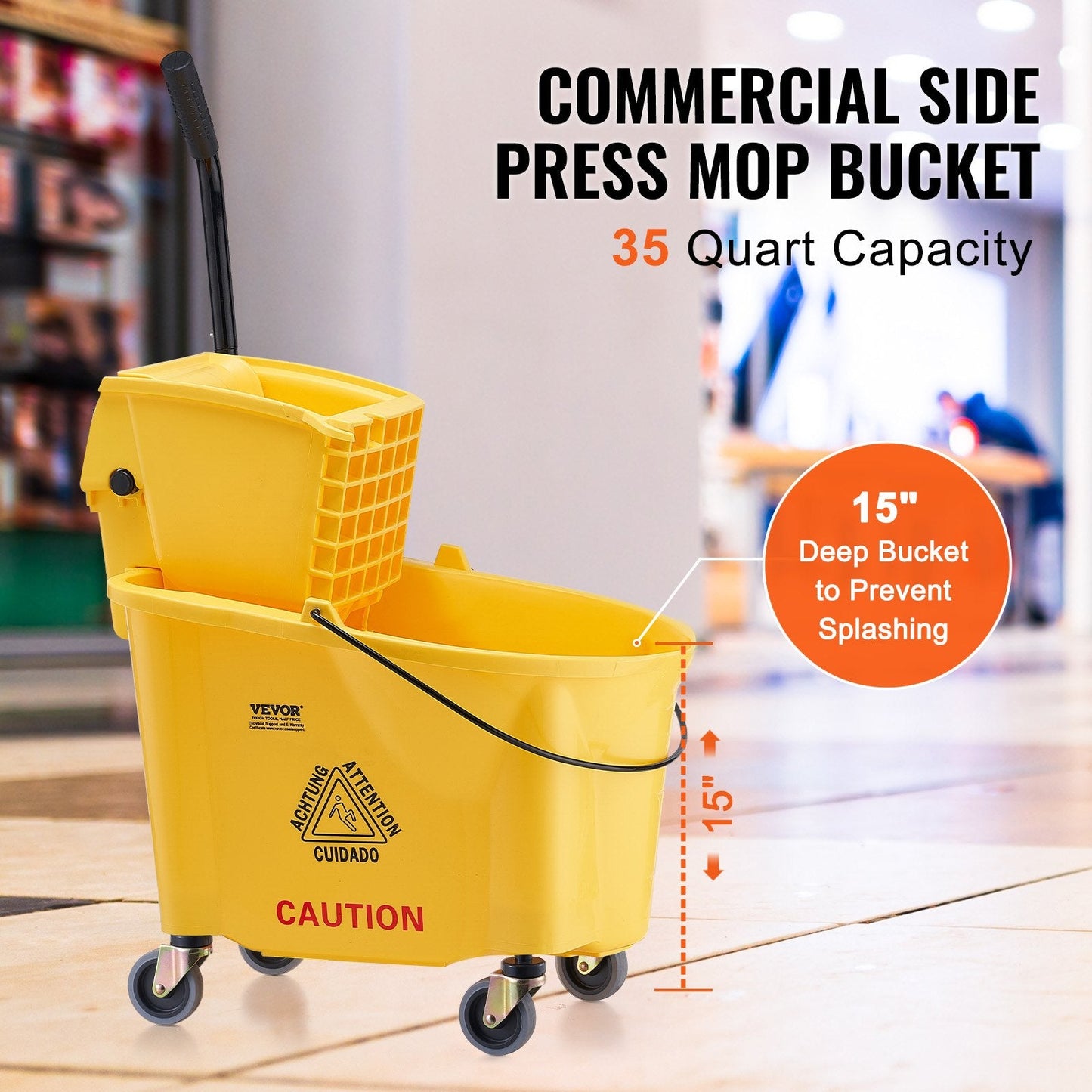 Commercial Mop Bucket & Side Press Wringer Combo, 35 Qt, Yellow, 6.22 kg