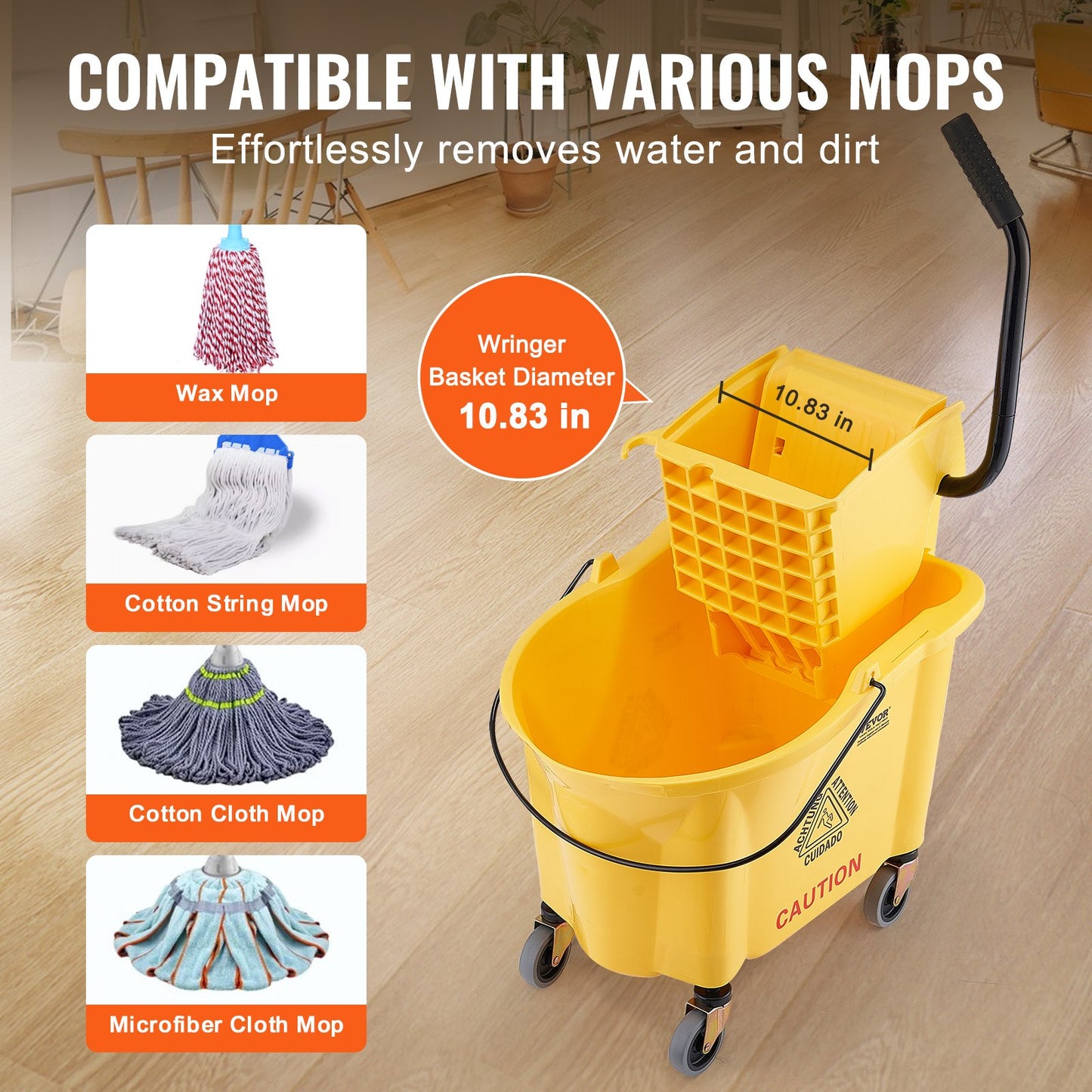 VEVOR Mop Bucket with Wringer, 35 Qt. Commercial Mop Bucket with Side Press Wringer,
