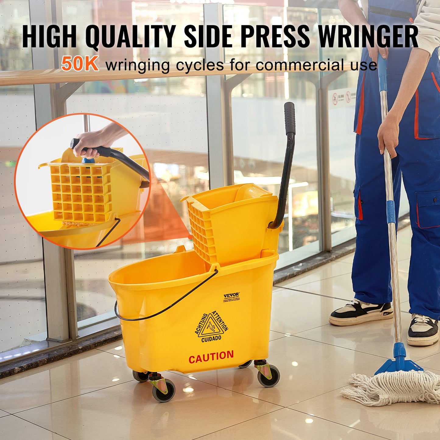 VEVOR Mop Bucket with Wringer, 35 Qt. Commercial Mop Bucket with Side Press Wringer,