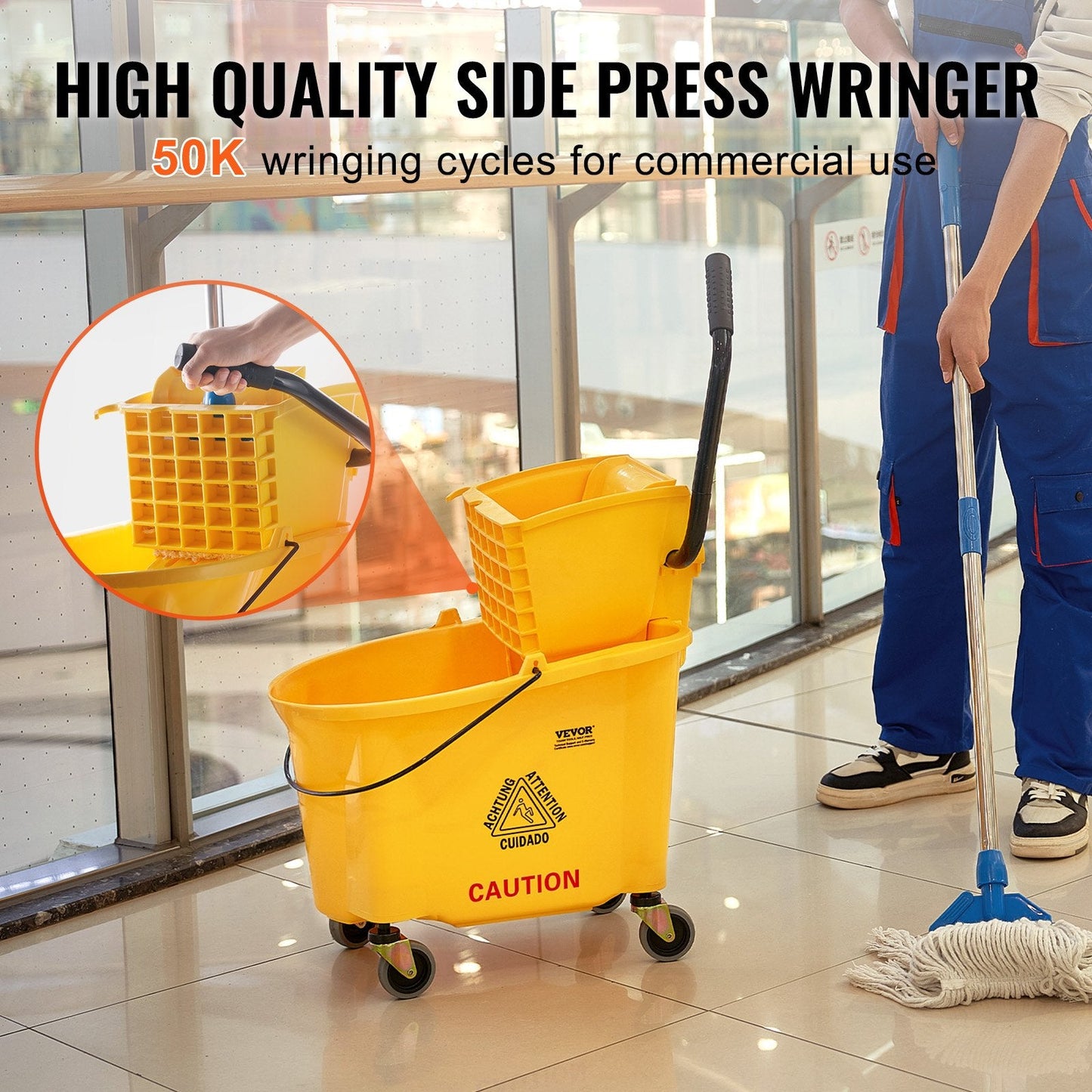 Commercial Mop Bucket & Side Press Wringer Combo, 35 Qt, Yellow, 6.22 kg