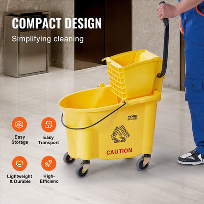 Commercial Mop Bucket & Side Press Wringer Combo, 35 Qt, Yellow, 6.22 kg