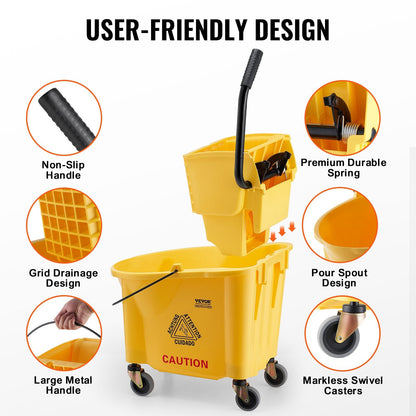 Commercial Mop Bucket & Side Press Wringer Combo, 35 Qt, Yellow, 6.22 kg